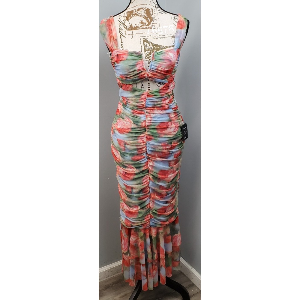 Lulus Tiered Trumpet Dress Womens S Multi Floral Mesh All-Over Ruched Back Zip